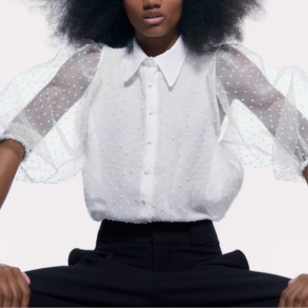 ZARA Elegant White Sheer Polka Dot Blouse TOP LARGE
